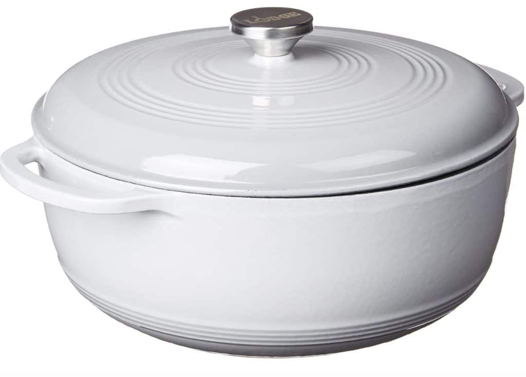 A white porcelain enamel-coated cast iron Dutch oven with a lid and two handles, perfect for your infused chicken recipe. The lid features a round metal knob, and the surface has circular ridges.